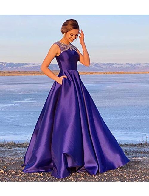 Gricharim Women's Beaded Satin Prom Dresses Long A Line Evening Formal Gowns with Pockets