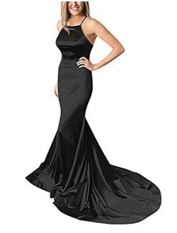 Halter Mermaid Prom Dresses Satin Sexy Backless Long Evening Party Gowns