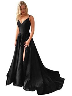 Grichairm Women's Spaghetti Strap Satin Prom Dresses Side Slit Evening Formal Gowns