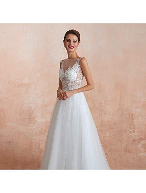 Gricharim A-Line Tulle Formal Wedding Dress with Hand Made Lace Bridal Dress