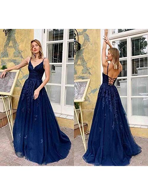 Gricharim Spaghetti Strap Lace Applique Long Prom Dresses V Neck Tulle Ball Gown Wedding Formal Gowns