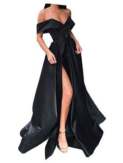 Grichairm Women's Off The Shoulder Satin Prom Dresses Long Split Evening Formal Gowns with Pockets