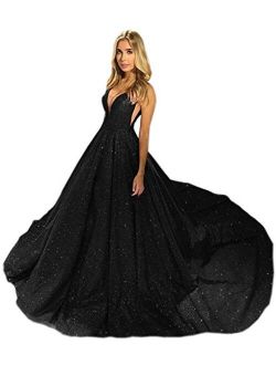 Glitter V Neck Evening Dresses Long Ball Gown Sleeveless Prom Dress