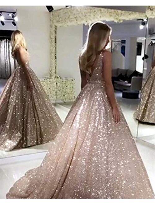 Gricharim Glitter V Neck Evening Dresses Long Ball Gown Sleeveless Prom Dress