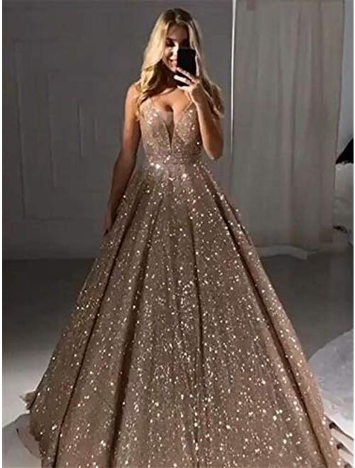 Gricharim Glitter V Neck Evening Dresses Long Ball Gown Sleeveless Prom Dress