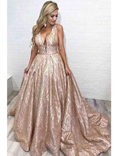 Gricharim Sexy V Neck Glitter Prom Dresses Long Ball Gown Evening Formal Gowns