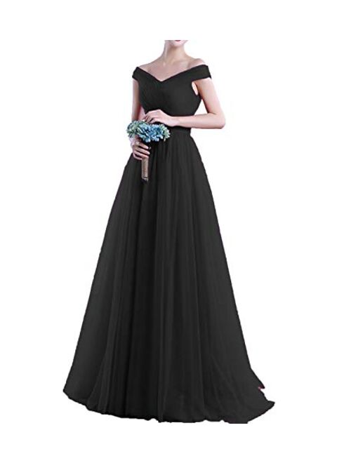 Gricharim Off The Shoulder Tulle Prom Dresses Long Ball Gown Bridesmaid Formal Dress