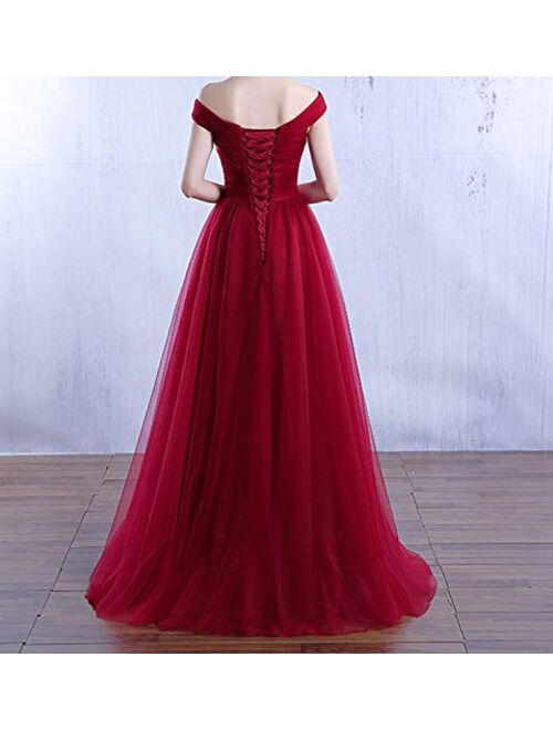 Gricharim Off The Shoulder Tulle Prom Dresses Long Ball Gown Bridesmaid Formal Dress