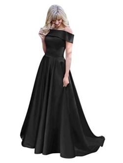 Off The Shoulder Prom Dresses Long Ball Gown Satin Evening Formal Gowns