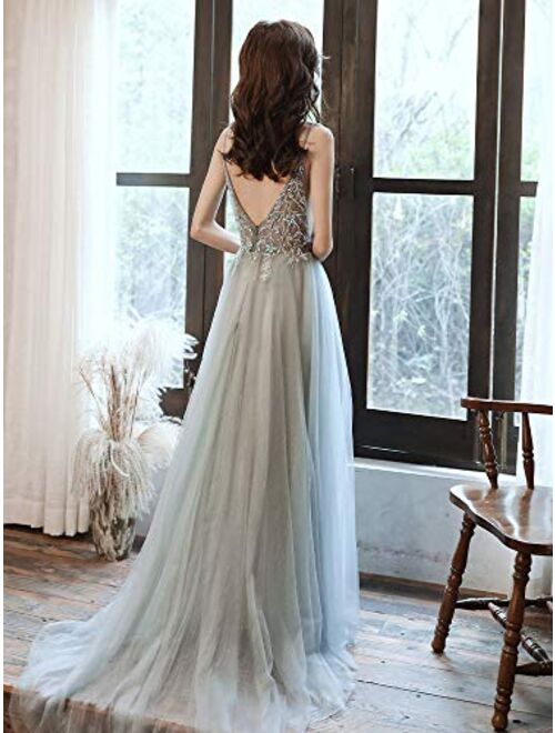 Gricharim Wedding Bridal Dress Spaghetti V-Neck Tulle Lace Split Dresses Long Prom Gown Evening Dress