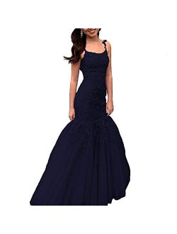 Spaghetti Strap Mermaid Lace Applique Evening Formal Gowns Long Prom Dresses with Train