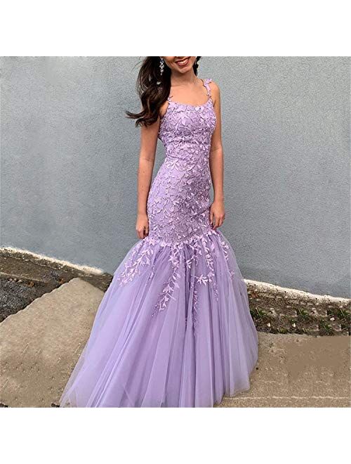 Gricharim Spaghetti Strap Mermaid Lace Applique Evening Formal Gowns Long Prom Dresses with Train