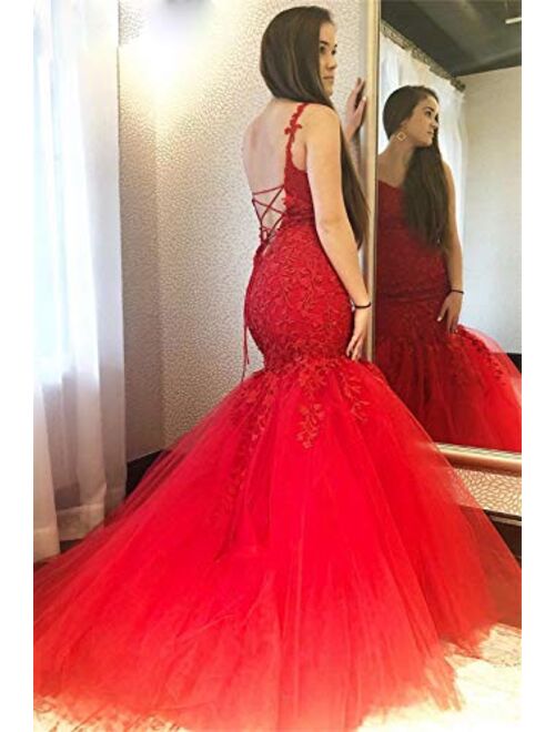 Gricharim Spaghetti Strap Mermaid Lace Applique Evening Formal Gowns Long Prom Dresses with Train