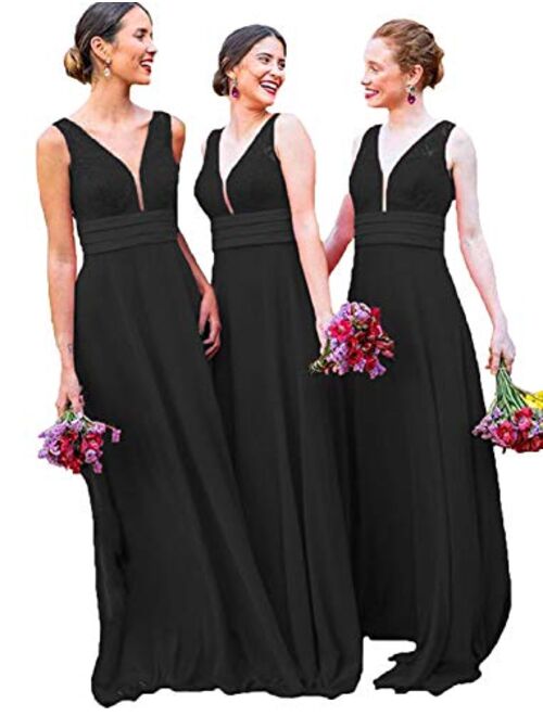 Gricharim Grichairm Women's Deep V Neck Lace Chiffon Bridesmaid Dress Long Evening Prom Dresese