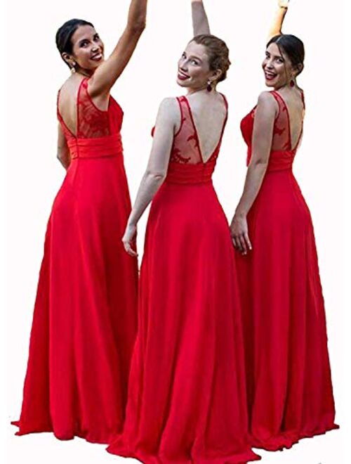 Gricharim Grichairm Women's Deep V Neck Lace Chiffon Bridesmaid Dress Long Evening Prom Dresese