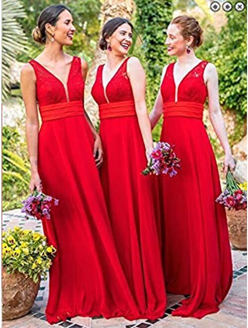 Gricharim Grichairm Women's Deep V Neck Lace Chiffon Bridesmaid Dress Long Evening Prom Dresese