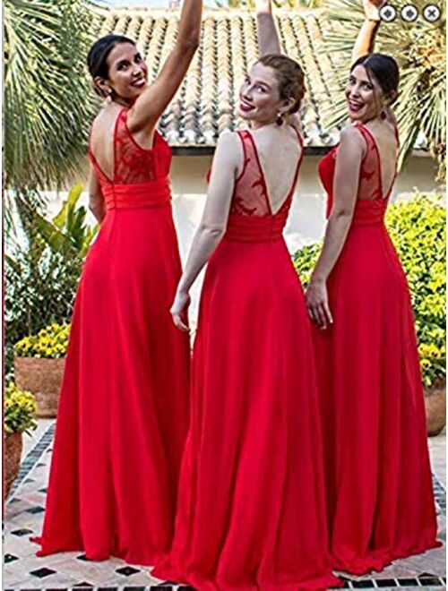 Gricharim Grichairm Women's Deep V Neck Lace Chiffon Bridesmaid Dress Long Evening Prom Dresese