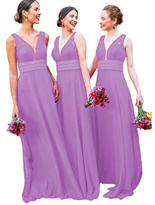 Gricharim Grichairm Women's Deep V Neck Lace Chiffon Bridesmaid Dress Long Evening Prom Dresese