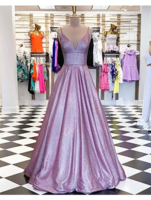 Gricharim Glitter V Neck Spaghetti Strap Prom Dresses Long Evening Formal Dress