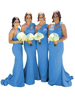 One Shoulder Bridesmaid Dresses Lace Satin Mermaid Evening Prom Dress