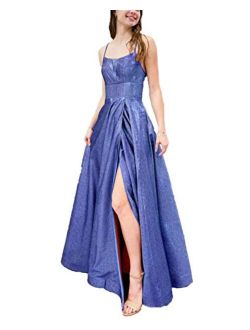 Glitter Prom Dresses Spaghetti Strap Side Split Evening Gown Formal Dress for Women