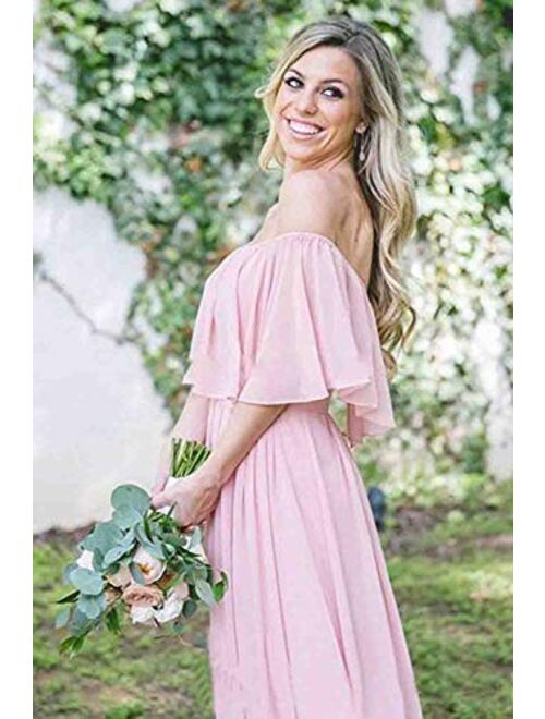 Gricharim Women's Off The Shoulder Long Chiffon Bridesmaid Dresses A Line Wedding Guest Dress