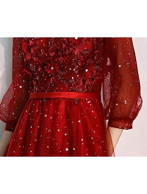 Gricharim Women's Long Sleeve 2020 Applique Lace Prom Dresses Tulle Shiny Long Evening Formal Gowns