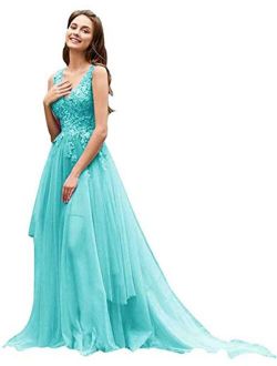 Women's V Neck Lace Appliques Ball Gown Tulle Evening Formal Prom Dresses