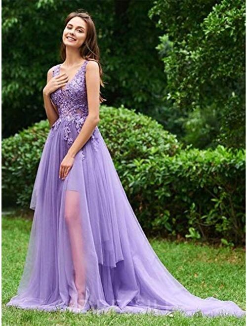 Gricharim Women's V Neck Lace Appliques Ball Gown Tulle Evening Formal Prom Dresses