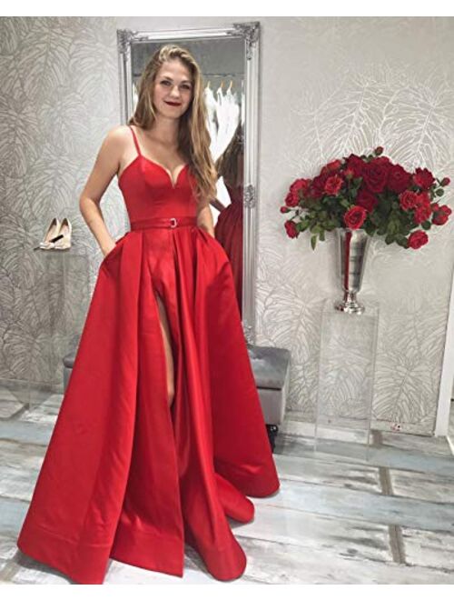 Gricharim Women's Spaghetti Strap Satin Prom Dress Side Slit Evening Gowns with Pockets