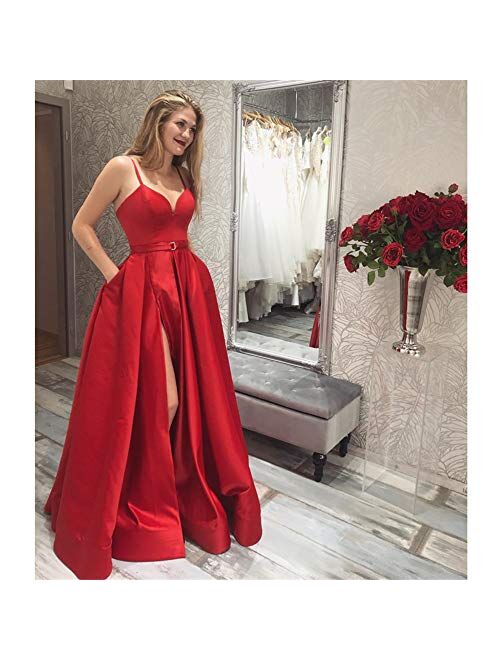 Gricharim Women's Spaghetti Strap Satin Prom Dress Side Slit Evening Gowns with Pockets