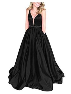 Women's V Neck Satin Prom Dresses with Beaded Belt Long Evening Gowns