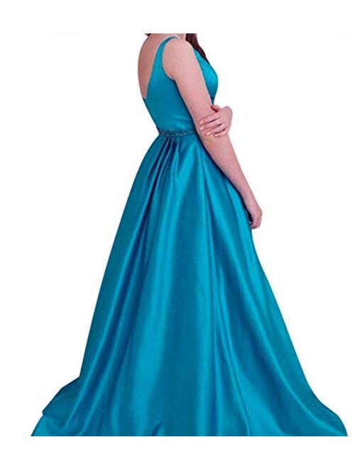 Gricharim Women's V Neck Satin Prom Dresses with Beaded Belt Long Evening Gowns