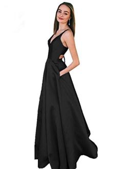 V Neck Spaghetti Strap Satin Prom Dresses Backless Long Evening Formal Gowns with Pockets