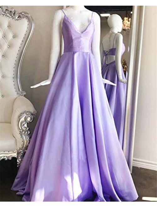 Gricharim V Neck Spaghetti Strap Satin Prom Dresses Backless Long Evening Formal Gowns with Pockets