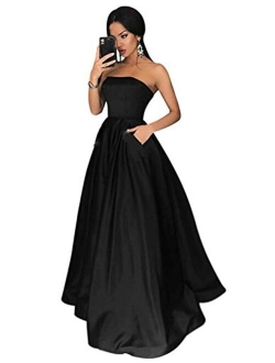 Women's Long Beaded Strapless Satin Prom Dress A Line Open Back Evening Gowns with Pockets