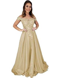 Off The Shoulder Satin Prom Dresses Long Lace Applique Evening Formal Gowns