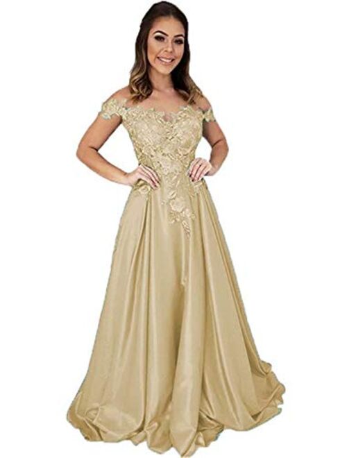 Gricharim Off The Shoulder Satin Prom Dresses Long Lace Applique Evening Formal Gowns