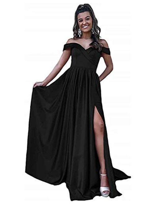 Gricharim Women's Off Shoulder Satin Prom Dresses Long Ball Gowns with Silt Evening Gowns