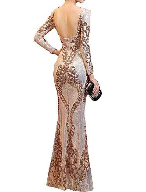 Beauty-Emily Womens Tulle Mermaid Sequin Long Sleeve Evening Dress Formal Prom Gowns