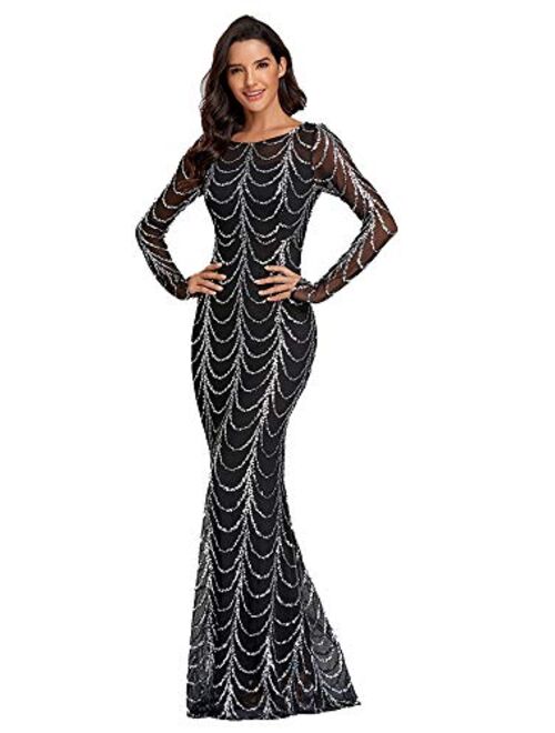 Beauty-Emily Womens Tulle Mermaid Sequin Long Sleeve Evening Dress Formal Prom Gowns