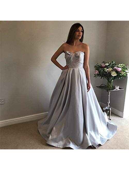 Gricharim 2020 Women's Strapless Long Satin Prom Dresses Ball Gown Pleated Formal Gowns