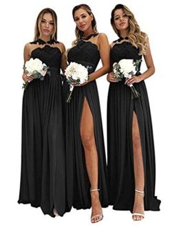 Women's Lace Chiffon Bridesmaid Dresses Long A Line Slit Prom Dresses
