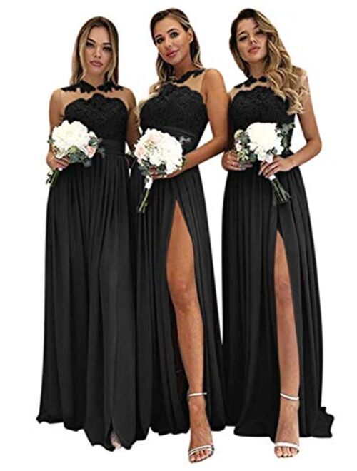 Gricharim Women's Lace Chiffon Bridesmaid Dresses Long A Line Slit Prom Dresses