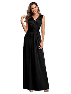 V Neck Formal Party Dress Pleated Long Evening Dresses