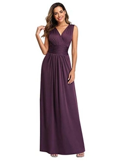 V Neck Formal Party Dress Pleated Long Evening Dresses