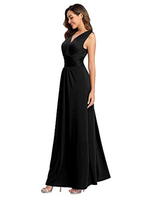 Beauty-Emily V Neck Formal Party Dress Pleated Long Evening Dresses