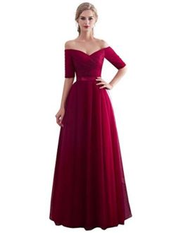 Half Sleeves Evening Dresses Long Bridesmaid Dress for Formal Party Tulle Prom Gown
