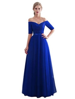 Half Sleeves Evening Dresses Long Bridesmaid Dress for Formal Party Tulle Prom Gown