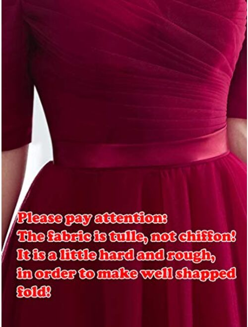 Beauty-Emily Half Sleeves Evening Dresses Long Bridesmaid Dress for Formal Party Tulle Prom Gown